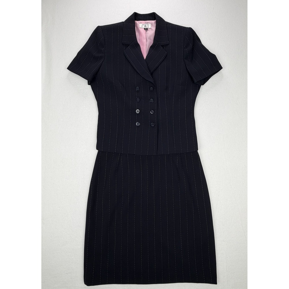 Stresa Petite Navy Pinstripe Skirt Suit Set Short Sleeve Blazer 14P
